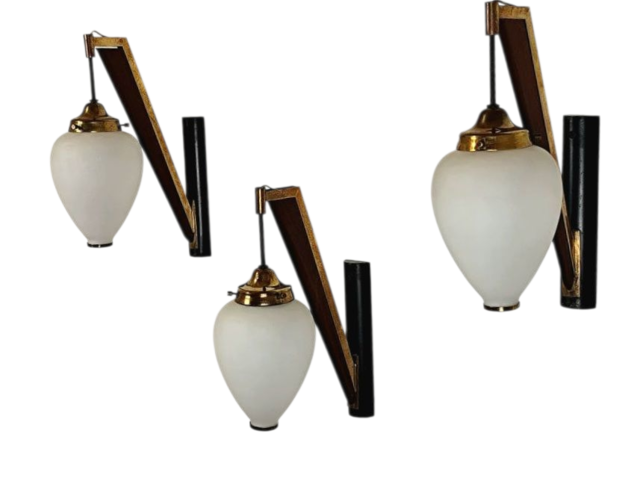 Stilnovo, tre, appliques, lampade, parete, ottone, legno, vetro, satinato, bianco, 1950, anni50, design, Stilnovo, 1950s, wall, lamps, wood, brass, satin, glass, 