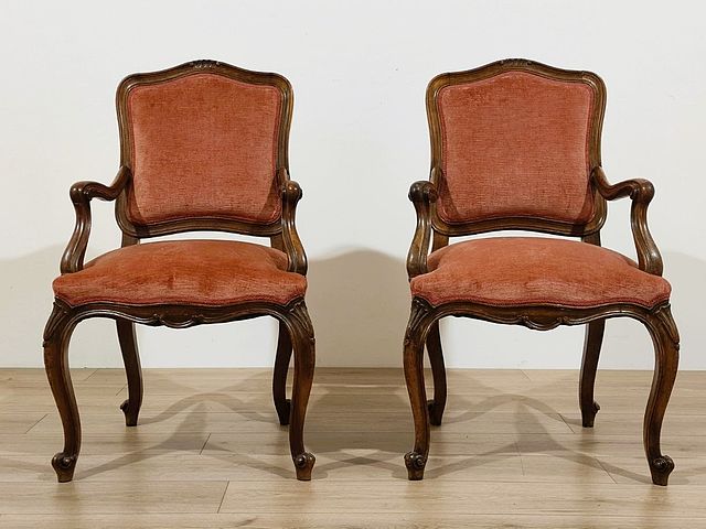 coppia, poltrone, legno, noce, massello, stile, LuigiXV, metà, 1800, XIXsec, Italia, 