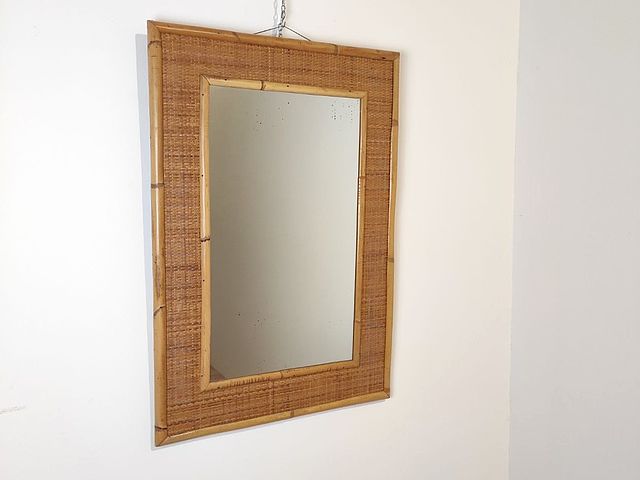 DalVera, produzione, mobili, bambù, rattan, vimini, Dal, Vera, specchio, anni60, mirror, bamboo, rattan, wicker, Italy, 1960s, 