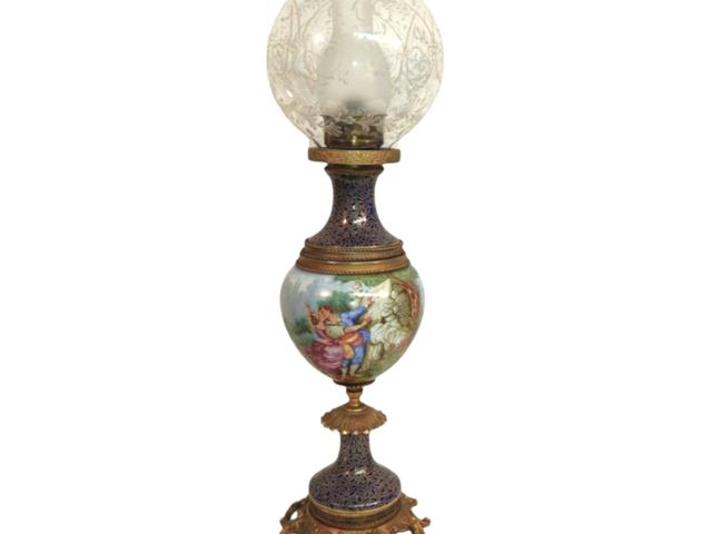 Sèvres, Niccolier, lampada, lanterna, metà, XVIIIsec, ceramica, scena, galante, rovine, antiche, paesaggio, dipintoamano, peintalamain, Francia, France, anni50, 