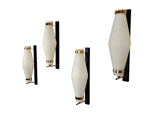 Stilnovo, appliques, wall, lamps, metal, black, brass, white, satin, glass, Italy, 1950s, 
