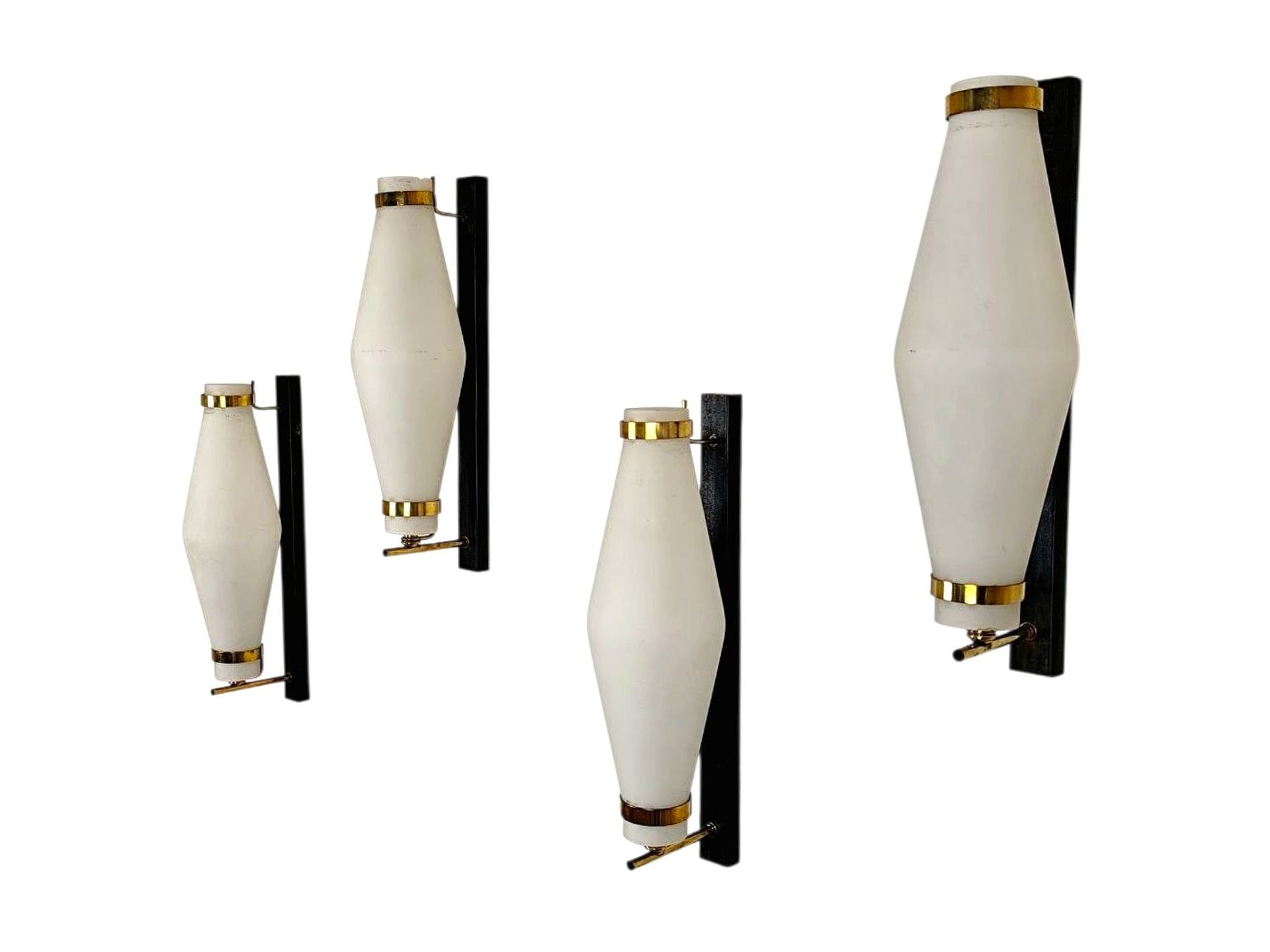 Stilnovo, appliques, wall, lamps, metal, black, brass, white, satin, glass, Italy, 1950s, 