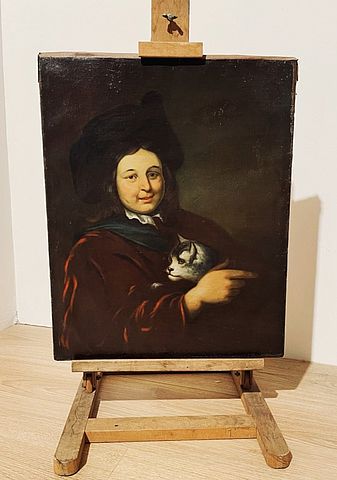 Gerrit, Dou, olio, su tela, ritratto, ragazzo, gatto, pittura, olandese, XVIII, XIX, sec, giovane, uomo, basco, felino, grigio, portrait, cat, dutch, oil, on, canvas, 
