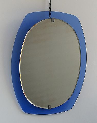 Veca, made, in, Italy, specchio, vetro, trasparente, blu, fontana, arte, mirror, glass, blu, anni, 60, 1960, midcentury, sixties, modernariato, modernism, 