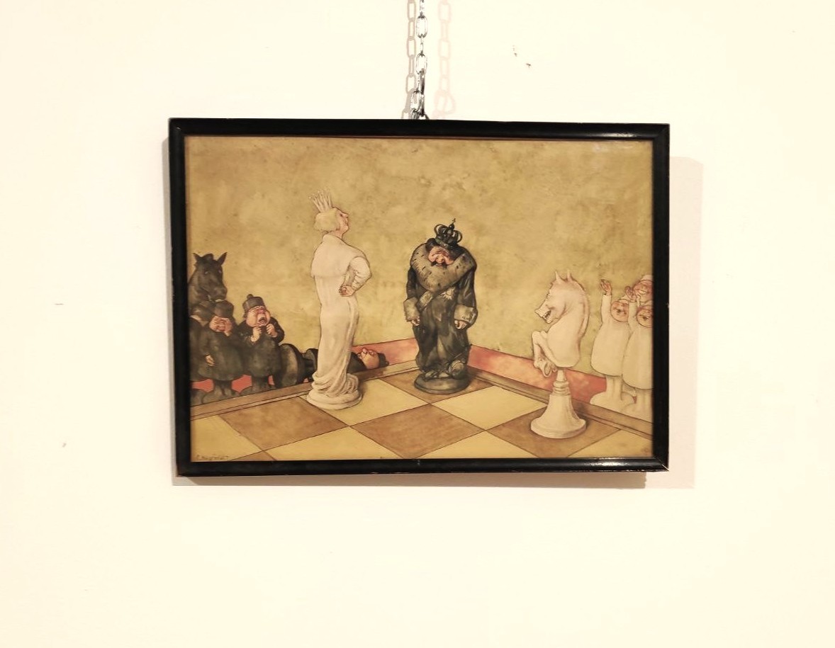 stampa, litografia, umoristica, Schachmatt, scaccomatto, Robert, Hogfeld, 1894, 1986, pittore, illustratore, fumettista, svedese, metà, XXsec, 