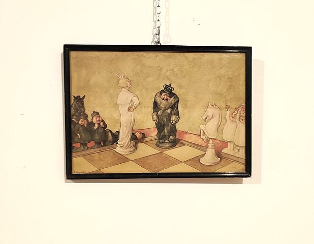 stampa, litografia, umoristica, Schachmatt, scaccomatto, Robert, Hogfeld, 1894, 1986, pittore, illustratore, fumettista, svedese, metà, XXsec, 