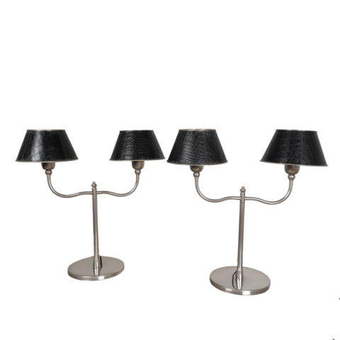 coppia, lampade, tavolo, metallo, pelle, nera, doppia, luce, italian, design, table, lamp, 1970s, anni70, Italia, 