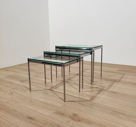 tavolini, a, nido, metallo, cromato, vetro, verde, spesso, anni70, Italia, nest, tables, italian, furniture, 1970s