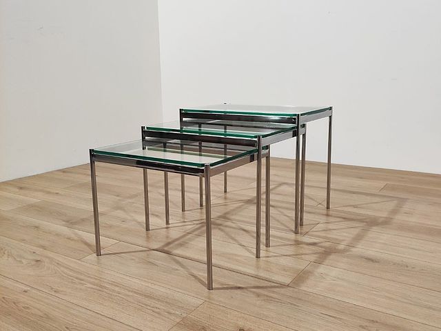 tavolini, a, nido, metallo, cromato, vetro, verde, spesso, anni70, Italia, nest, tables, italian, furniture, 1970s
