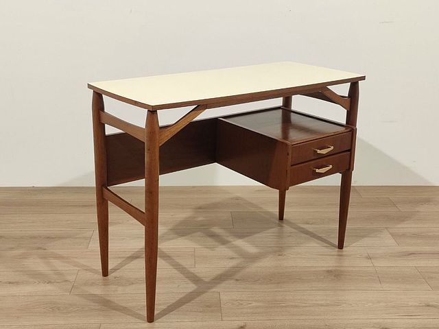 Scrittoio, due, cassetti, produzione, DalVera, legno, mogano, piano, formica, maniglie, ottone, Marchio, fuoco, Italia, anni60, Two-drawer, desk, by, Dal Vera, mahogany, frame, Formica, top, brass, handles, DalVera, Italy, 1960s,