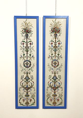coppia, quadri, dipinti, olio, carta, decorazioni, quadri, decorativi, motivi, vegetali, floreali, cornice, blu, anni50, armadio, 