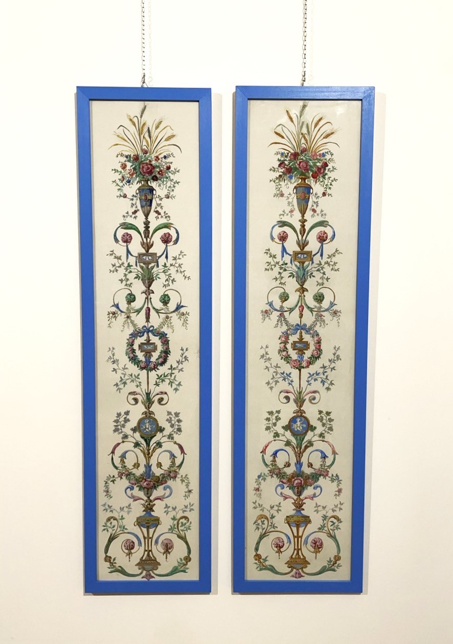 coppia, quadri, dipinti, olio, carta, decorazioni, quadri, decorativi, motivi, vegetali, floreali, cornice, blu, anni50, armadio, 