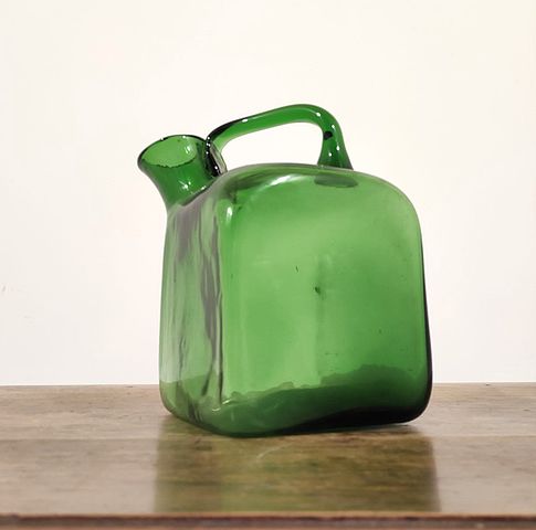 Grande, versatoio, brocca, vetro, soffiato, colore, verde, vetrerie, di, Empoli, forma, cubica, vetro, forte, spessore, Italia, anni50, Empoli, green, blowing, glass, Italy, 1950s, 