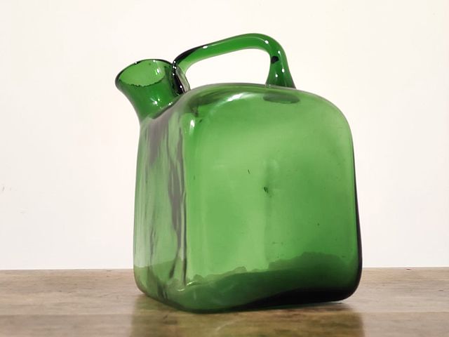 Grande, versatoio, brocca, vetro, soffiato, colore, verde, vetrerie, di, Empoli, forma, cubica, vetro, forte, spessore, Italia, anni50, Empoli, green, blowing, glass, Italy, 1950s, 