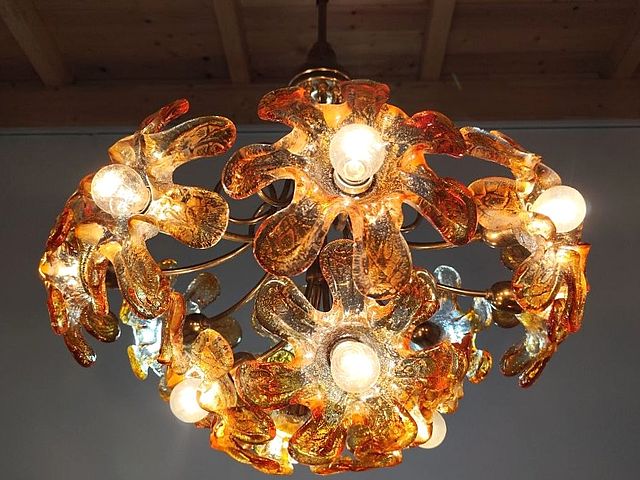 lampada, sospensione, fiori, vetro, Murano, Mazzega, metallo, ottone, anni70, 1970s, chandelier, lamp, Murano, glass, 