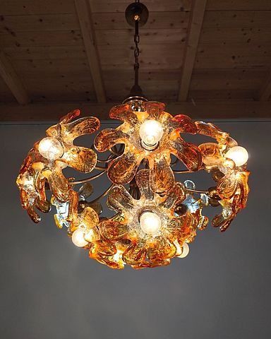 lampada, sospensione, fiori, vetro, Murano, Mazzega, metallo, ottone, anni70, 1970s, chandelier, lamp, Murano, glass, 