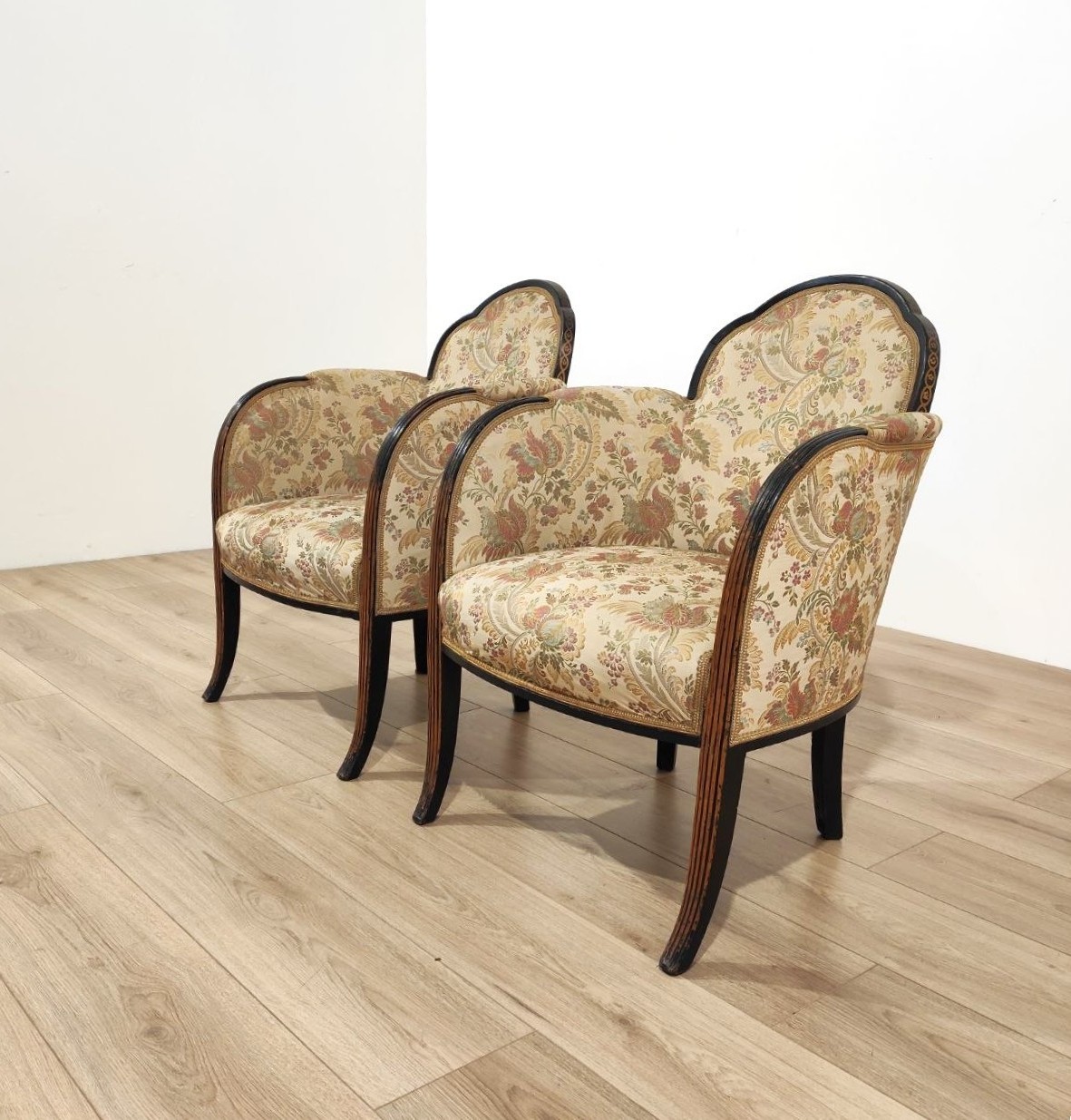 Art, Deco, coppia, poltrone, legno, tessuto, decoro, anni30, Italia, Italy, furniture, 1930s, wood, decorated, original, fabric, 
