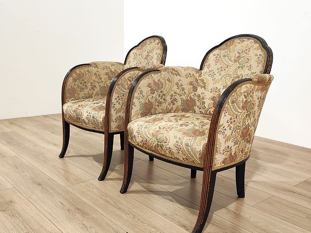 Art, Deco, coppia, poltrone, legno, tessuto, decoro, anni30, Italia, Italy, furniture, 1930s, wood, decorated, original, fabric, 