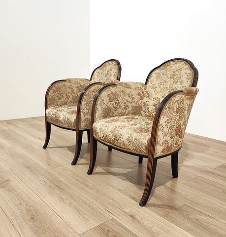 Art, Deco, coppia, poltrone, legno, tessuto, decoro, anni30, Italia, Italy, furniture, 1930s, wood, decorated, original, fabric, 