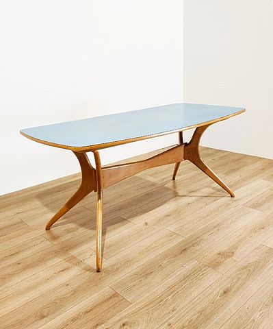 Ico, Parisi, design, tavolo, legno, chiaro, formica, celeste, anni50, anni60, IcoParisi, design, table, Italy, 1950s, 