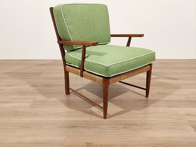 poltrona, rustica, gusto, scandinavo, anni50, legno, castagno, paglia, intrecciata, cuscini, verdi, seduta, casa, veranda, terrazzo, produzione, italiana, midcentury, italian, armchair, 