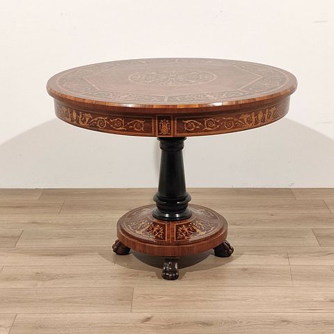 tavolo, intarsiato, palissandro, boisderose, acero, gamba, ebanizzata, primi, 900, XX, sec, table, stile, CarloX, rotondo, tavolo, fisso,