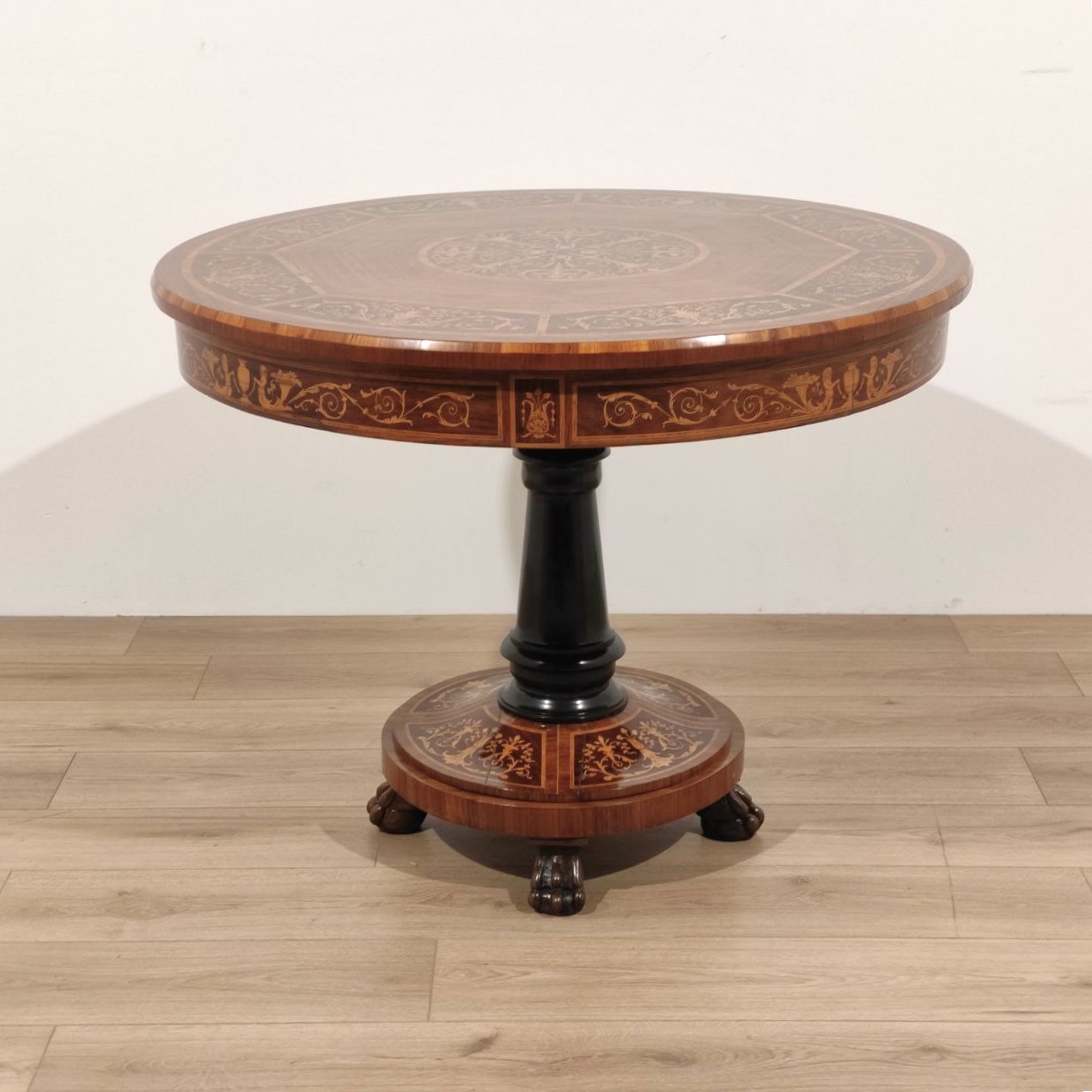 tavolo, intarsiato, palissandro, boisderose, acero, gamba, ebanizzata, primi, 900, XX, sec, table, stile, CarloX, rotondo, tavolo, fisso,