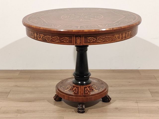 tavolo, intarsiato, palissandro, boisderose, acero, gamba, ebanizzata, primi, 900, XX, sec, table, stile, CarloX, rotondo, tavolo, fisso,