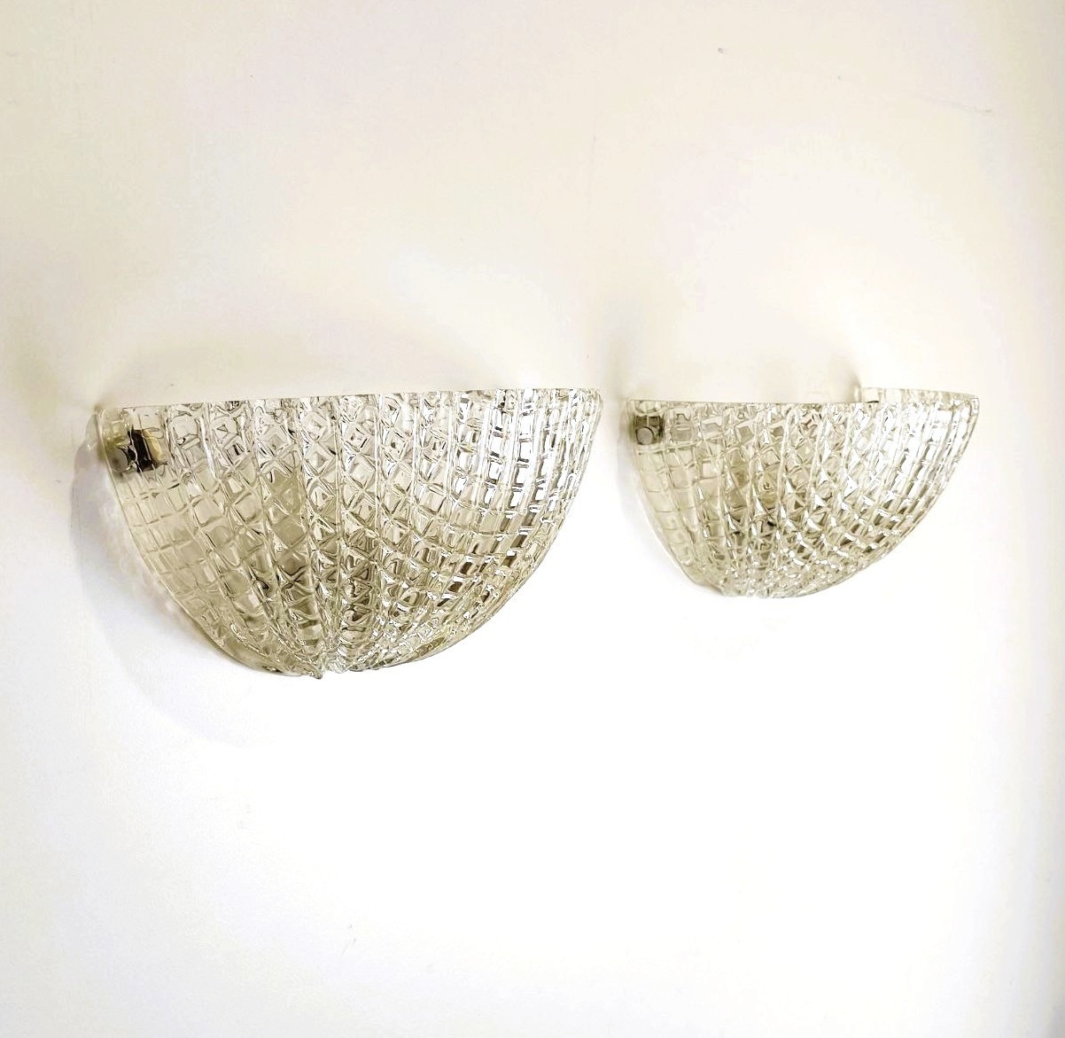 Barovier, Seguso, vetro, cordonato, Murano, coppia, appliques, mezzaluna, murano glass, wall, lamp, 1960s, anni60, anni70, 