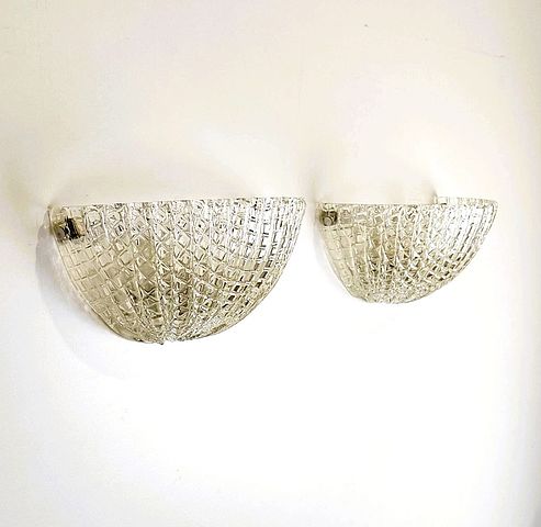 Barovier, Seguso, vetro, cordonato, Murano, coppia, appliques, mezzaluna, murano glass, wall, lamp, 1960s, anni60, anni70, 