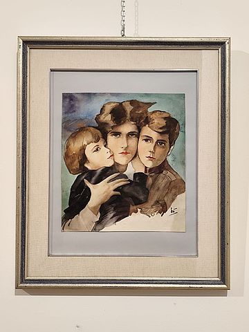 ritratto, mamma, figli, acquerello, anni60, nord, Italia, firma, 