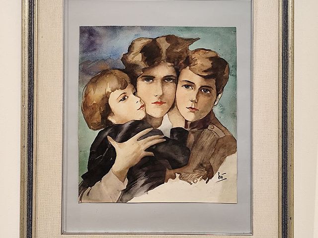 ritratto, mamma, figli, acquerello, anni60, nord, Italia, firma, 