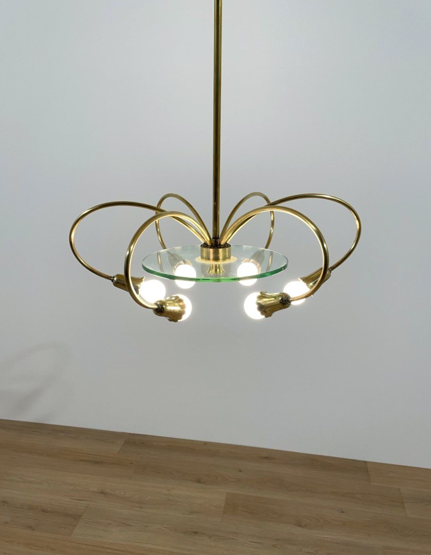 lampada, a, sospensione, lampadario, ceiling, lamp, anni50, 1950s, ottone, vetro, forte, spessore, brass, glass, 6luci, italian, lighting, Italy, modernariato, modernism, 