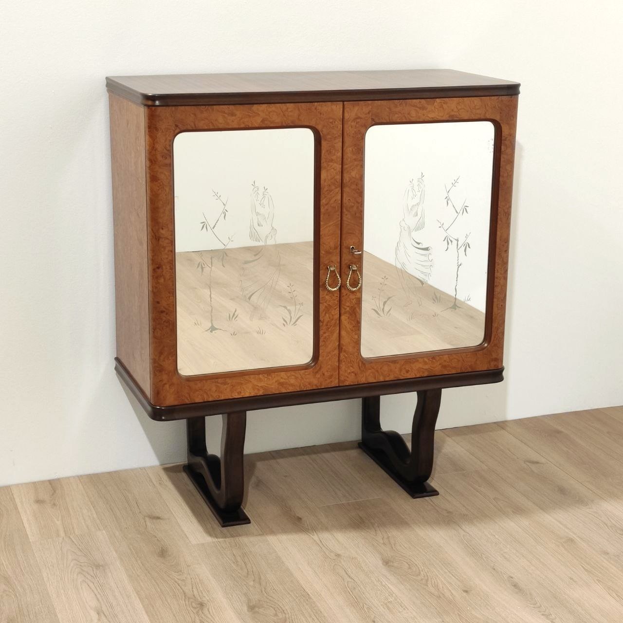 mobile, bar, mobilebar, bar, cabinet, anni50, midcentury, Italia, ottima, qualità, legno, radica, noce, mogano, specchi, sabbiati, Italy, deisgn, 1950s, 