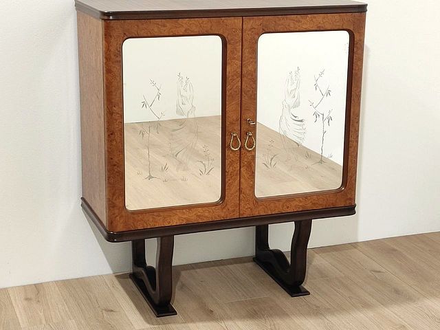 mobile, bar, mobilebar, bar, cabinet, anni50, midcentury, Italia, ottima, qualità, legno, radica, noce, mogano, specchi, sabbiati, Italy, deisgn, 1950s, 