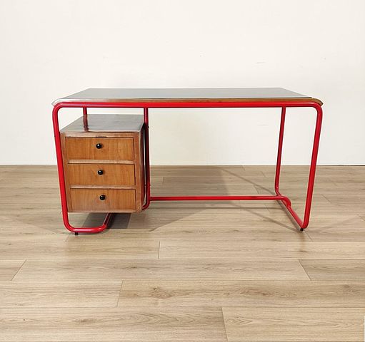 scrivania, scrittoio, stile, Bauhaus, tubolare, rosso, piano, legno, vetro, nero, anni50, anni60, Italy, tubular, desk, design, Bauhaus, 1950s, 