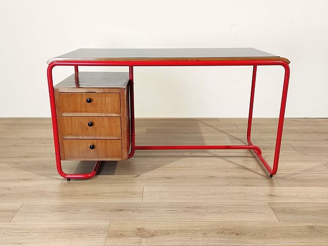 scrivania, scrittoio, stile, Bauhaus, tubolare, rosso, piano, legno, vetro, nero, anni50, anni60, Italy, tubular, desk, design, Bauhaus, 1950s, 
