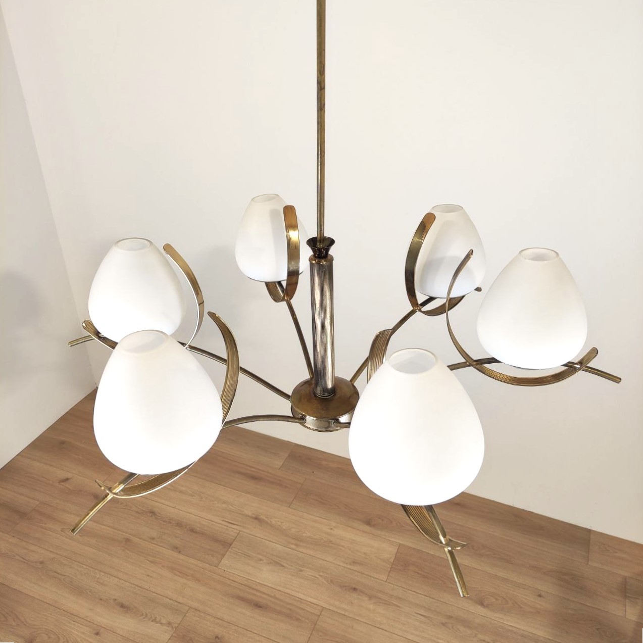 Lampadario, 6luci, Stilnovo, Stilux, Arredoluce, Lumen, struttura, metallo, ottone, paralumi, vetro, satinato, opalino, bianco, Italia, anni50, Six-light, chandelier, Stilnovo, metal, brass, frame, white, frosted, glass, lampshades, Italy, design, 1950s, 