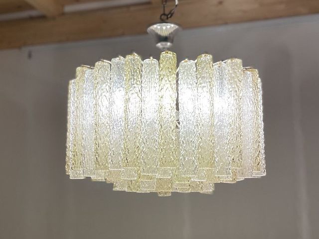 lampadario, serie, bricole, Venini, Murano, Venezia, anni60, chandelier, Venini, 1960s, vetro, soffiato, blowing, glass, trasparente, ambrato, bianco, ambra, tubi, vetro, Italia, 