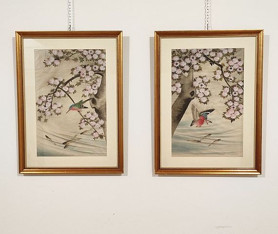 sete, cinesi, giapponesi, decorate, a, mano, uccello, martin, pescatore, China, Japan, decoro, orientaleggiante, XXsec, 