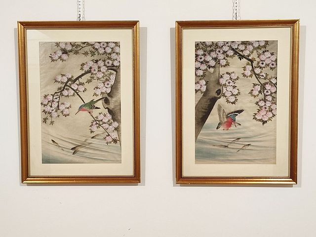 sete, cinesi, giapponesi, decorate, a, mano, uccello, martin, pescatore, China, Japan, decoro, orientaleggiante, XXsec, 