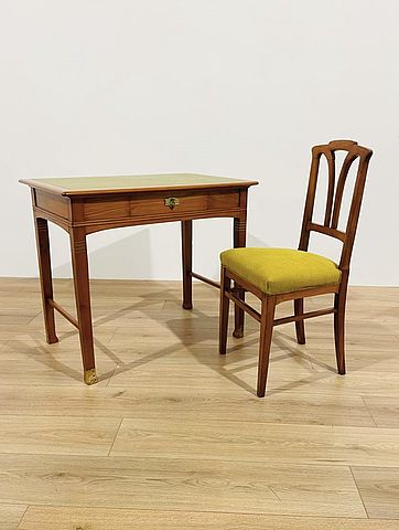 Scrittoio, da, centro, sedia, originale, epoca, Liberty, legno, ciliegio, dettagli, ottone, pelle, verde, chiaro, Italia, inizi, 900, bureau, chaise, Art, Nouveau, Italie, italian, desk, chair, cherry, wood, early XXcentury, Italy,